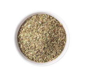 Wall Mural - dry thyme leaves in white bowl  isolated on transparent png