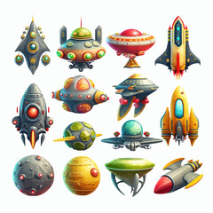 Poster - Alien spaceship game icons vector set. Isolated on background. Cartoon vector illustration