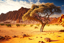 Lonely Tree In Desert In Arid Desert Against Backdrop Of Mountains