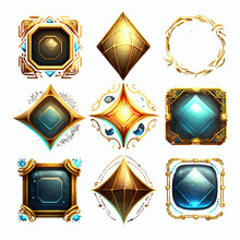 Vintage Square Golden Frames For Rpg Game Ui Banners And Elements. Isolated On Background. Cartoon Vector Illustration