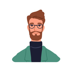 Aufkleber - Young businessman, face head portrait. Business man in eye glasses. Bearded male character in eyeglasses. Modern smart office worker, expert. Flat vector illustration isolated on white background