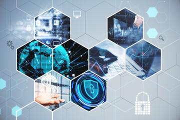 Poster - Creative business hexagons with different digital work concepts on blurry backdrop. Double exposure.