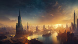 Fototapeta Londyn - A cyberpunk city from the future is depicted in a panoramic view from high in Earth's orbit. The scene is at night, with the illumination of cars and towering skyscrapers visible. The backdrop include