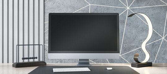 Poster - Close up of professional designer desk top with empty black computer monitor, various items and light concrete wall. Mock up, 3D Rendering.