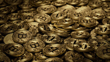 Bitcoin Cryptocurrency Represented As Gold Coins. Digital Finance Wallpaper. 3D Render.
