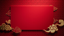 Lunar New Year Template With Rectangle Frame And Clouds On 3D Patterned Background. Red Asian Design With Copy-space.