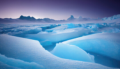 A breathtaking snowy vista, featuring an arch that stands tall among the snow-covered landscape. The night sky adds to the chilly and mysterious atmosphere, as snow drifts and icebergs are blanketed i