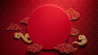 © RocknRoller Studios - Red Asian Design Template featuring Circle Frame and Clouds  with copy-space. Chinese New Year Background with 3D Pattern.
