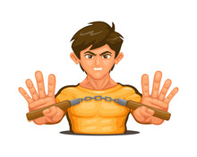 Kungfu Man Holding Nunchaku Weapon. Martial Art Character Mascot Cartoon Illustration Vector