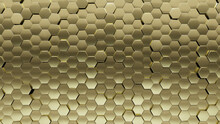 3D, Hexagonal Wall Background With Tiles. Glossy, Tile Wallpaper With Polished, Gold Blocks. 3D Render