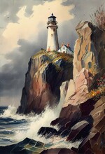 Classic Vintage Oil Painting Of A Lighthouse On A Cliff Seaside Ocean, Waves, Generative Ai