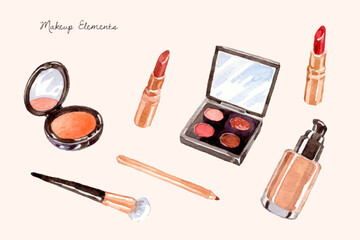 Watercolor makeup tools and cosmetic products collection