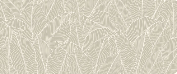Botanical foliage line art background vector illustration. Tropical palm leaves white drawing contour pattern background. Design for wallpaper, home decor, packaging, print, poster, cover, banner.