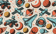 Colour Vintage Space Seamless Background With Design Elements Such As Asteroid, Space Rover, Skull Astronaut, Planets, Shuttle