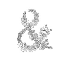 Dandelion, Hops, Lavender, Wild Rose, Clover, Sweet Bean. Flowers In The Shape Of Ampersand, Vector Hand Drawn Outline Illustration
