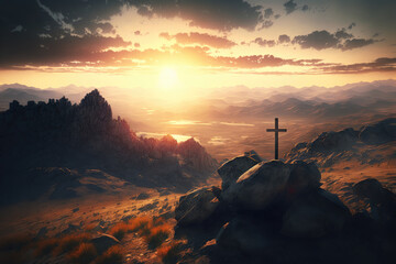 Poster - The cross sits at the top of the mountain, and the light shines on Calvary Hill. at sunrise concept of ascension day Christian Easter. Hope, Faith, Faith in Jesus Christ, Christianity Generative AI