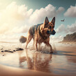 Shepherd dog walking on the beach in realistic digital art style, made with generative AI