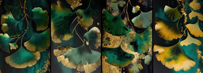 Wall Mural - illustration of tropical golden leaf abstract background in collection set 4,  green ginkgo branch  Generative Ai