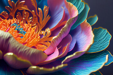 Wall Mural - Embroidered super macro closeup photo of a beautiful colorful peony