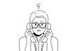 Confused man with landline phones headsets feel frustrated talking. Distressed guy in glasses shocked speaking on corded telephone. Vector illustration. 