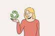 © Dzianis Vasilyeu - Smiling young woman holding recycle sign in hands care about planet conservation and protection. Happy female activist or volunteer with recycling symbol. Vector illustration.