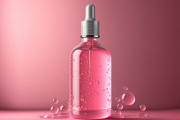 Poster - Cosmetic glass pink bottle mockup on a water surface with a pipette and serum. Generative AI