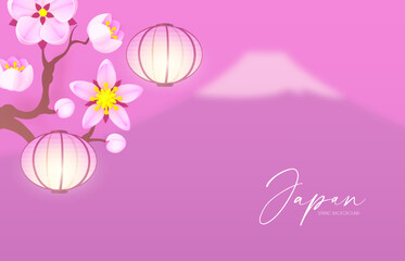 Wall Mural - Japanese landscape with Fuji mountain, shining lanterns and sakura blossom. Asian background.