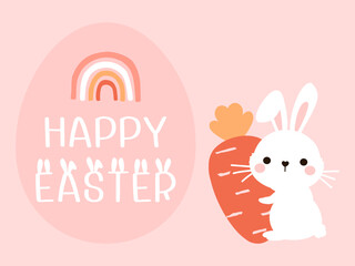 Poster - Easter bunny rabbit cartoon, carrot, rainbow, hand drawn fonts and Easter egg on pink background vector.