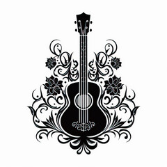 Spanish guitar drawing tattoo design with black inks on white background. musical instruments created with Generative AI technology