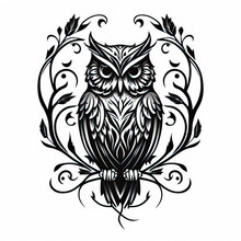 Owl Tattoo Sketch On White Background. Black Ink And Geometry Created With Generative AI Technology
