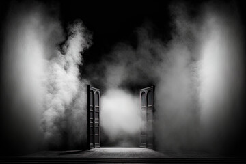 Wall Mural - Artificial haze and fog against a black background. theater set. Generative AI