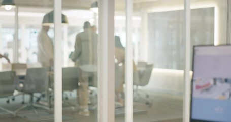 Aufkleber - Team arrival, window and business people meeting for strategy brainstorming, teamwork or working on project. Welcome, office boardroom and employee group planning negotiation for b2b investment deal