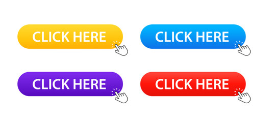 Poster - Click here button with arrow pointer click on white isolated background. Vector illustrationPrint