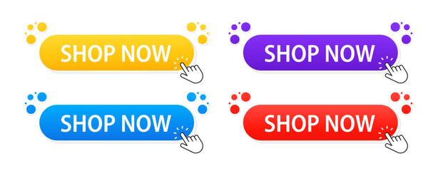 Poster - Click here button with pointer arrow, apply, buttons hand pointer clicking, yellow button on white isolated background. Vector illustration