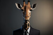 Portrait of a giraffe in a stylish business suit. Generative AI. Businessman giraffe illustration. 