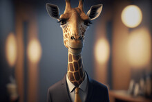 Portrait Of A Giraffe In A Stylish Business Suit. Generative AI. Businessman Giraffe Illustration. 