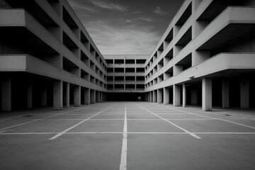 Poster - of concrete buildings with a parking lot and an empty cement floor. Generative AI
