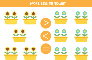 More, less or equal with cute flowers in pots.