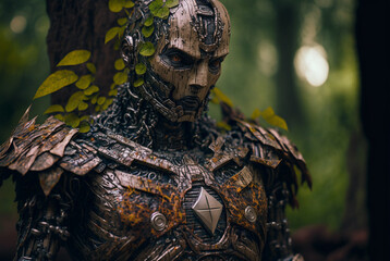 cyborg made out of decomposing wood covered in mushrooms and moss environment recycle robot,generative ai.