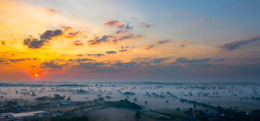 Wall Mural - panorama top view aerial photo from flying drone over rural village in thailand.top view beautiful s