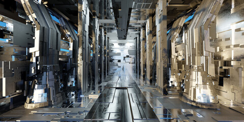 Poster - Futuristic sci-fi corridor room. Modern Future background style, interior concept. 3d rendering