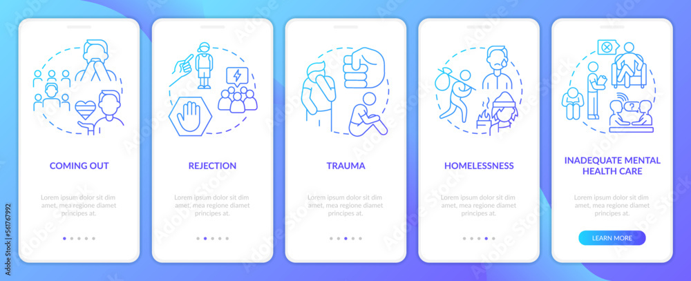 LGBTQI mental health risk factors blue gradient onboarding mobile app ...
