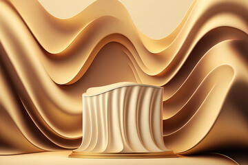 For product presentations and branding, use a luxurious backdrop. Illustration of a soaring wave made of gold fabric and a podium in beige. Generative AI
