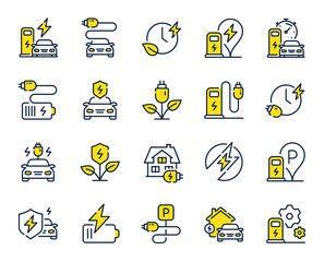 Wall Mural - Electric car charging line icons. Charge station, Ev parking and Battery charger set. Home car charging, power station and electro energy line icons. Charge battery, parking electric plug. Vector