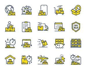 Poster - Delivery line icons. Return package, logistic service and delivery date set. Freight distribution, global export and courier truck line icons. Logistic transport, ship delivery. Vector