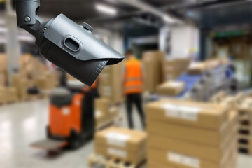 Wall Mural - CCTV Camera Operating inside warehouse or factory. Copy space.