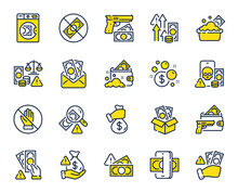 Money Crime Line Icons. Fraud, Online Thief And Steal Cash Set. Phishing Robbery, Launder Money Crime And Tax Offense Line Icons. Financial Evasion, Online Fraud And Wallet Cash. Vector