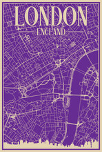 Purple Hand-drawn Framed Poster Of The Downtown LONDON, ENGLAND With Highlighted Vintage City Skyline And Lettering