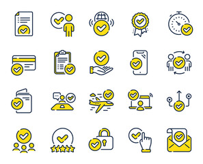 Wall Mural - Approve line icons. Interviewed, accepted document, right choice. Quality check, protection, checklist icons. Guarantee document, accepted card, approve verification. Flight confirmed. Vector