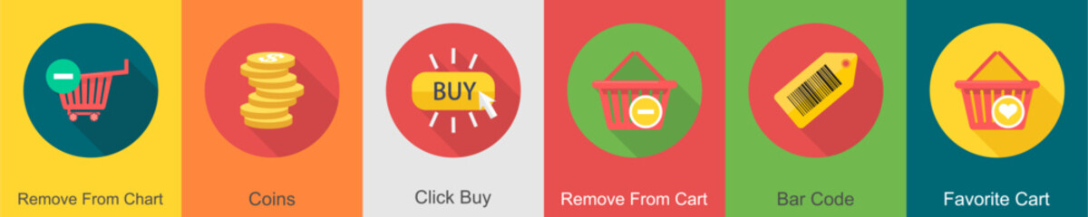 A set of 6 shopping icons as remove from cart, coins, click buy